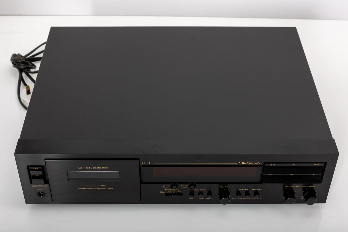 Top of a used Nakamichi DR-3 Cassette Deck in a black finish