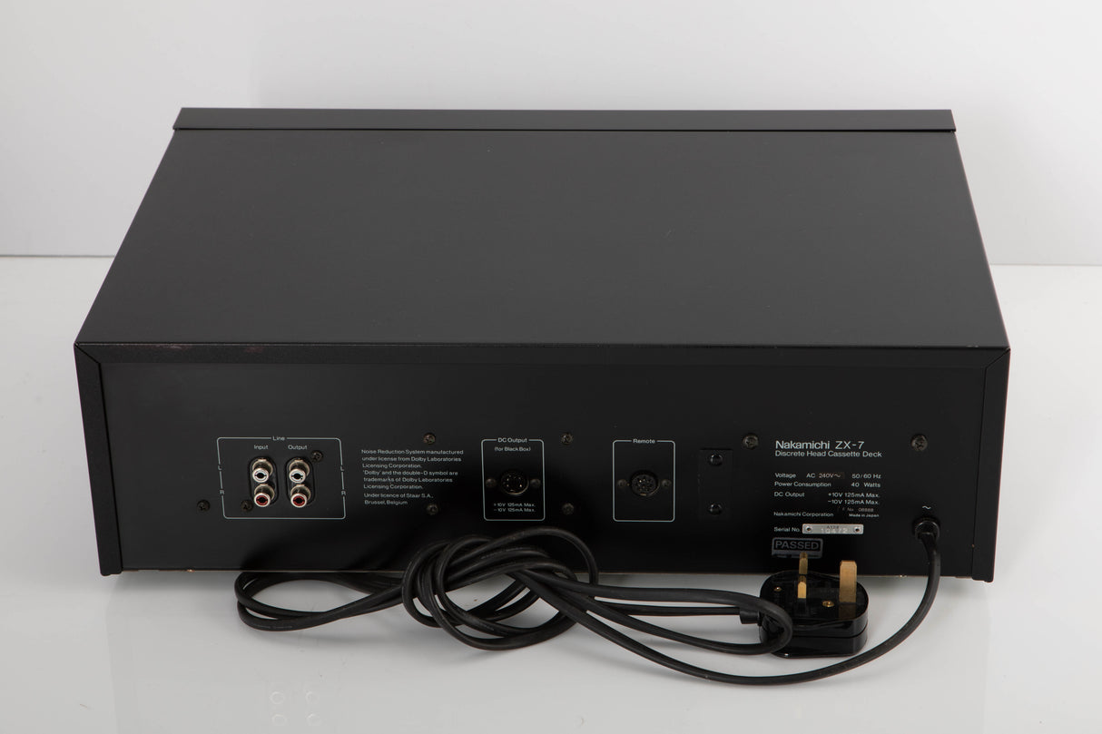 Rear view of a used Nakamichi ZX-7 Cassette Deck in a black finish showing Phono Inputs and Phono Outputs