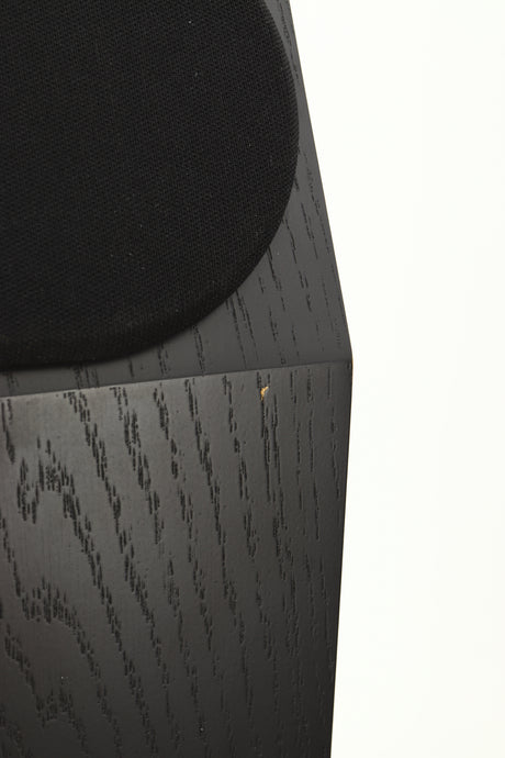 Close up view of a used NEAT Acoustics Iota Alpha Floorstanding Speaker in Black Oak finish showing a small surface chip on the front of the speaker