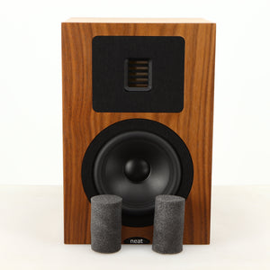 Front view of a used Neat Petite Classic Standmount Speaker in a walnut finish showing 2x Bungs
