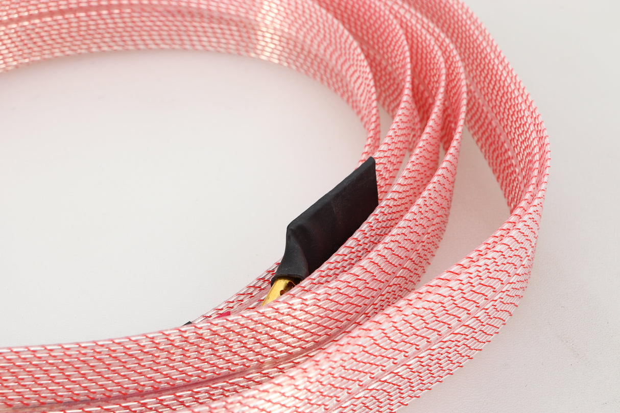 Close up of a used Nordost Heimdall 2 Speaker Cables 2.0m Pair in a pink finish showing connector
