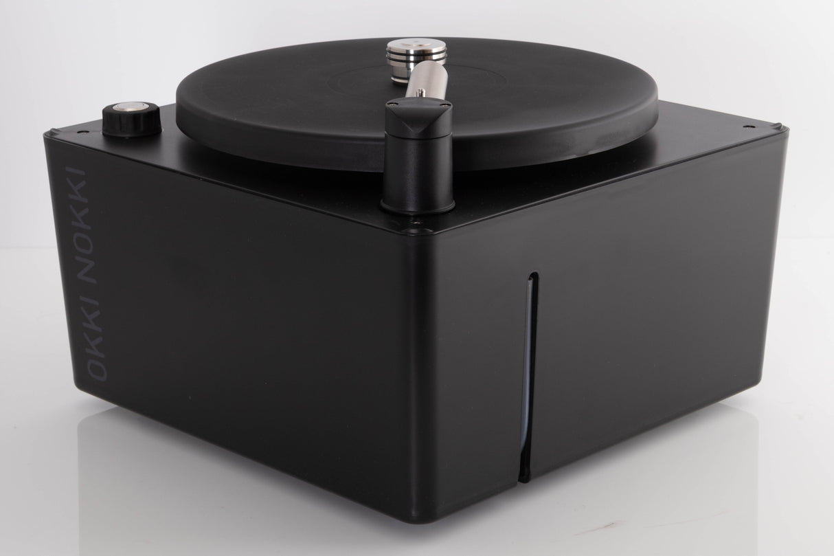 Front right corner of a used Okki Nokki One Record Cleaning Machine in a Black finish