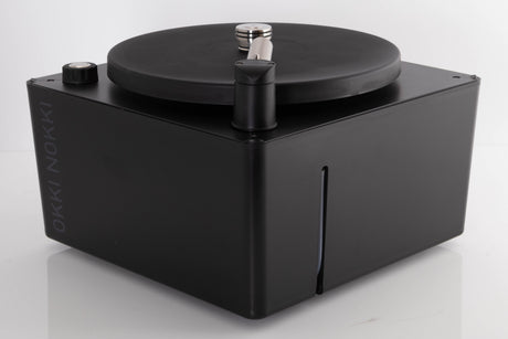Front right corner of a used Okki Nokki One Record Cleaning Machine in a Black finish