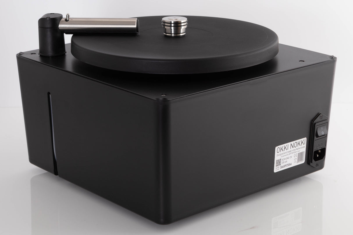 Rear right corner of a used Okki Nokki One Record Cleaning Machine in a Black finish