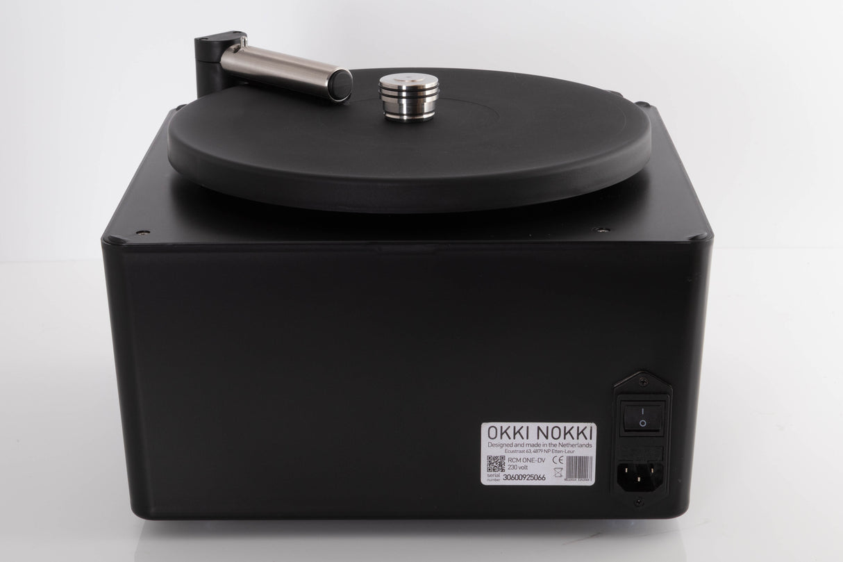 Rear view of a used Okki Nokki One Record Cleaning Machine in a Black finish showing Mains Cable