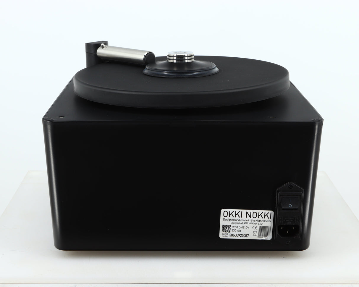 Rear view of a used Okki Nokki One Record Cleaning Machine in a black finish showing Mains Input