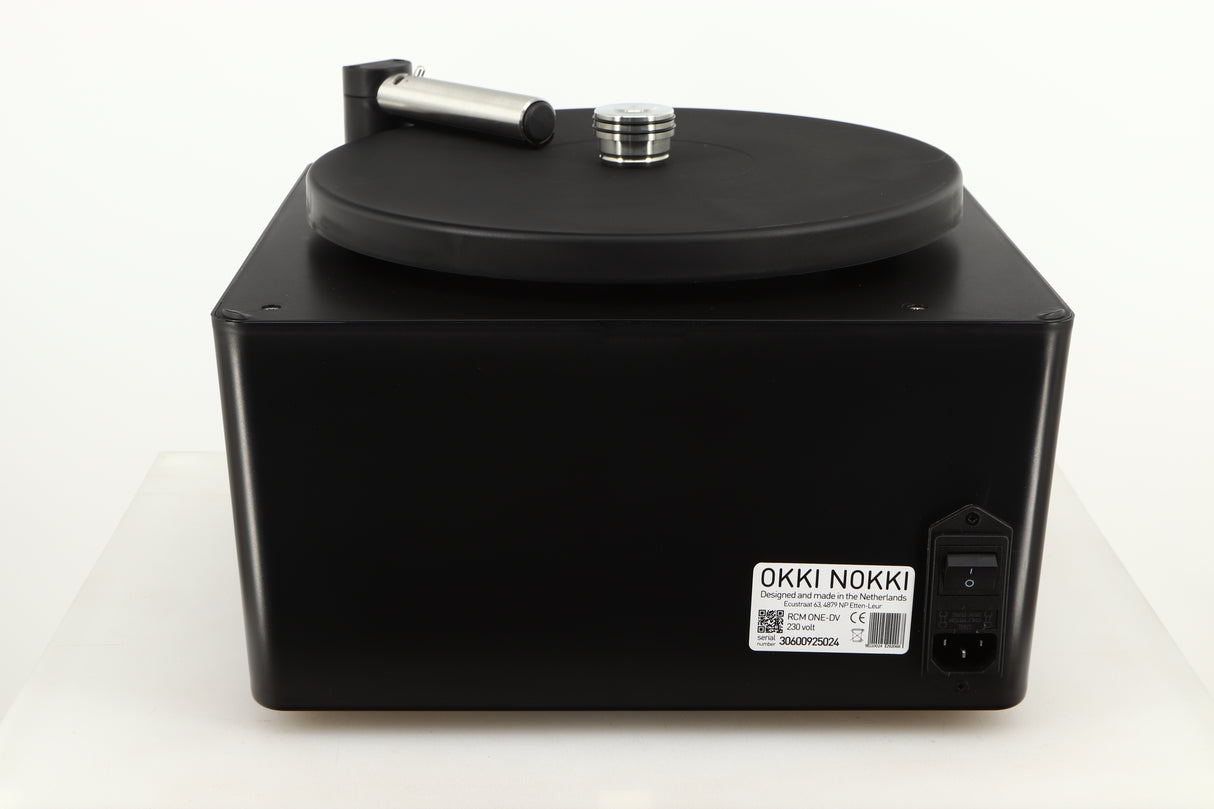 Rear view of a used Okki Nokki One Record Cleaning Machine in a black finish showing Mains Input