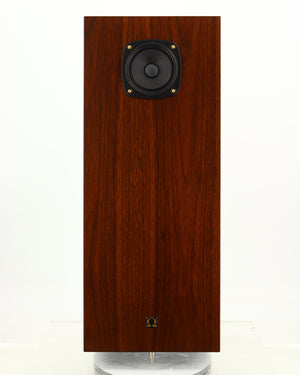 Front view of a used Omega Super 3XRS Floorstanding Speaker in a walnut finish