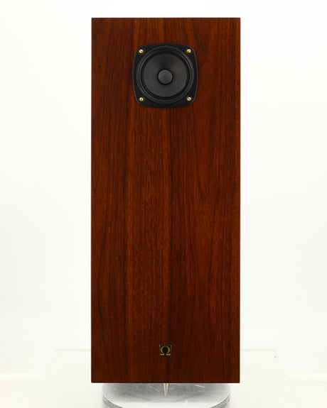 Front view of a used Omega Super 3XRS Floorstanding Speaker in a walnut finish