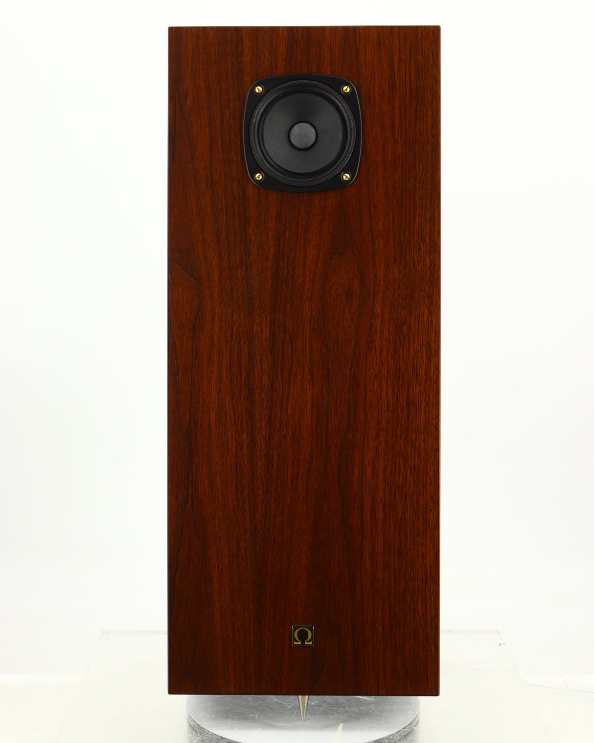 Front view of a used Omega Super 3XRS Floorstanding Speaker in a walnut finish
