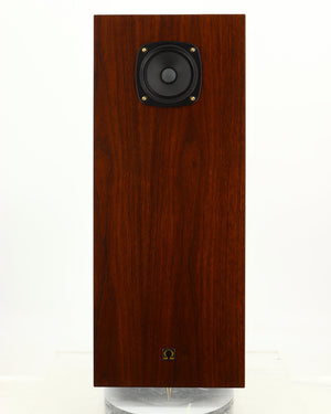 Front view of a used Omega Super 3XRS Floorstanding Speaker in a walnut finish