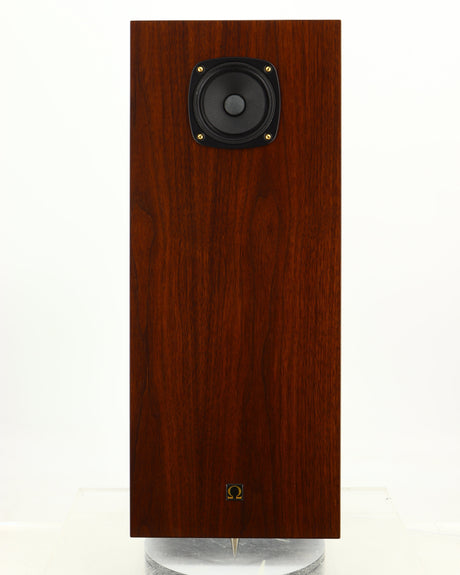 Front view of a used Omega Super 3XRS Floorstanding Speaker in a walnut finish