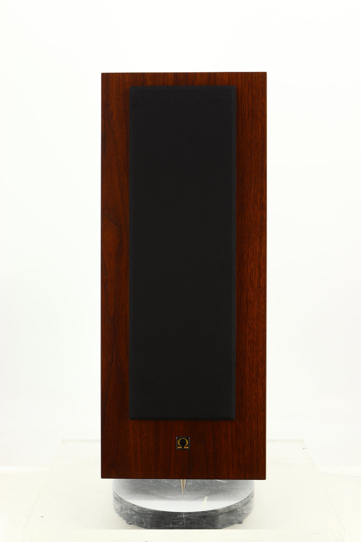 Front view of a used Omega Super 3XRS Floorstanding Speaker in a walnut finish showing Grille 