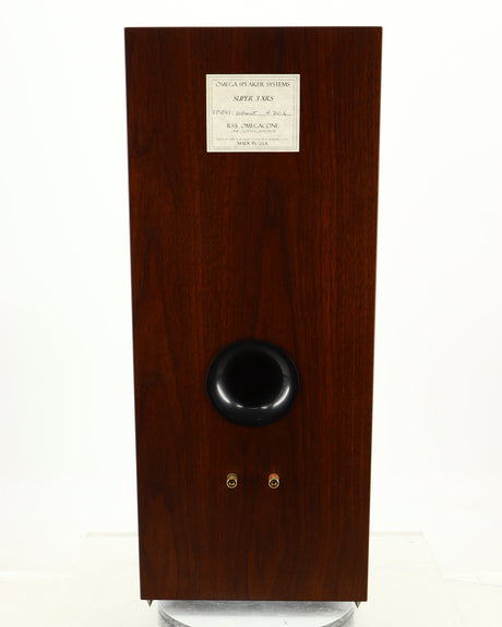 Rear view of a used Omega Super 3XRS Floorstanding Speaker in a walnut finish