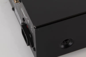 Close up of a used Oppo BDP-95EU Blu-Ray Player in a Black finish showing scratches