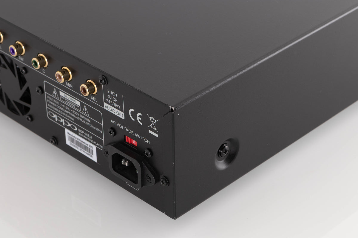 Rear left corner of a used Oppo BDP-95EU Blu-Ray Player in a Black finish