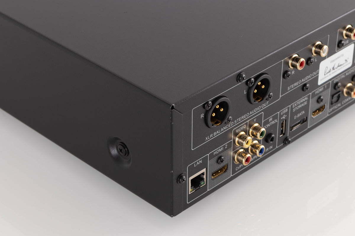 Rear right corner of a used Oppo BDP-95EU Blu-Ray Player in a Black finish