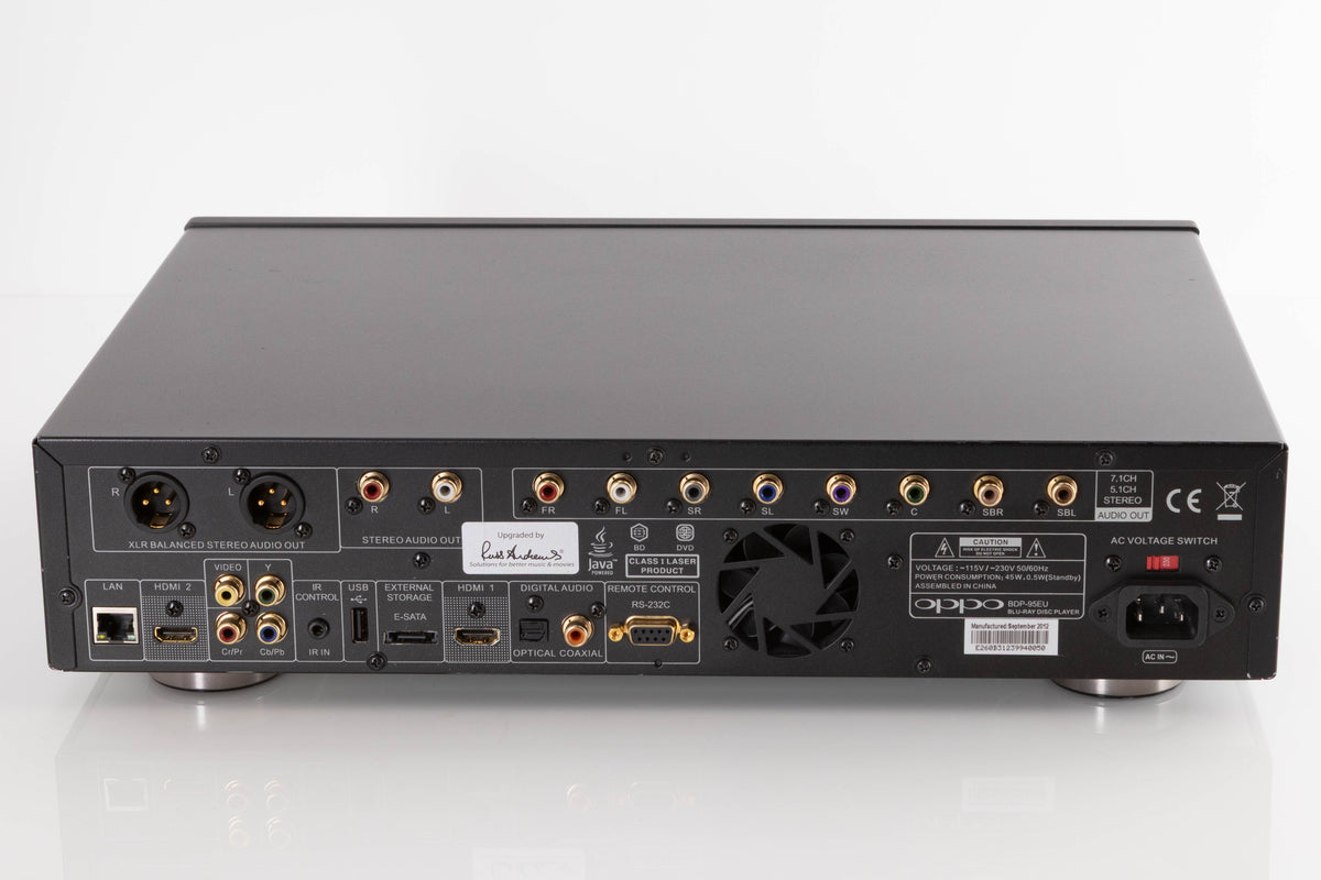 Rear view of a used Oppo BDP-95EU Blu-Ray Player in a Black finish showing Mains Input, HDMI Inputs, Phono Inputs, Phono Outputs, Network Input, Optical Input, Coaxial Input and USB Input