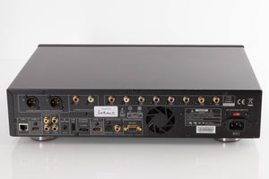 Rear view of a used Oppo BDP-95EU Blu-Ray Player in a Black finish showing Mains Input, HDMI Inputs, Phono Inputs, Phono Outputs, Network Input, Optical Input, Coaxial Input and USB Input