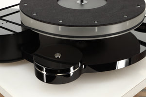 Front left corner view of a used Origin Live Calypso Mk5 Turntable with Encounter MK5 Tonearm