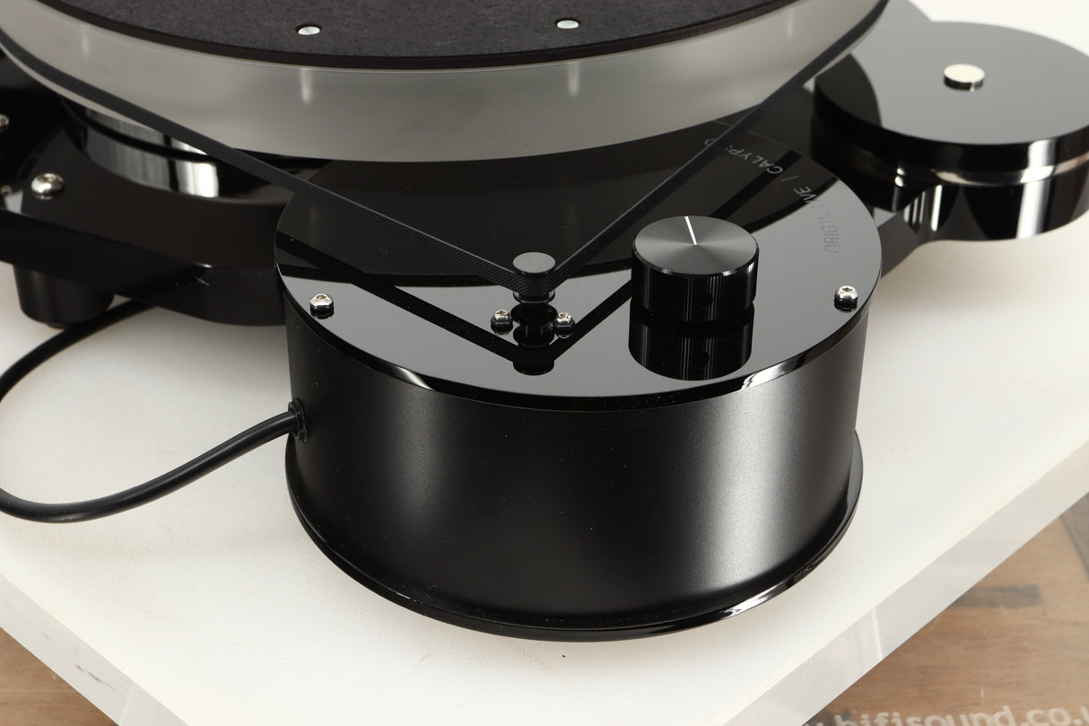 Rear right corner view of a used Origin Live Calypso Mk5 Turntable with Encounter MK5 Tonearm