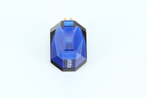 Close up of a used Ortofon 2M Blue MM Cartridge showing the stylus guard
