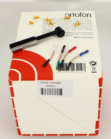 Box for a used Ortofon Cadenza MC Cartridge in a black finish showing Brush, Screwdriver and Screws