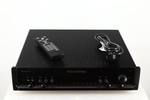 Top of a used Parasound Halo P6 Pre Amplifier in a black finish showing Remote and Mains Cable