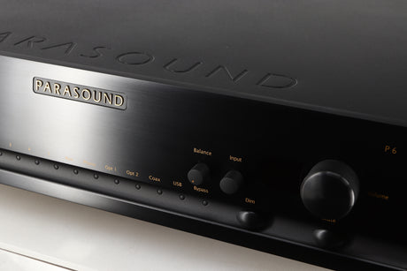 Close up of a used Parasound Halo P6 Pre Amplifier in a black finish showing some of the fascia
