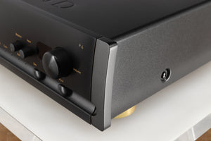 Front right corner of a used Parasound Halo P6 Pre Amplifier in a black finish