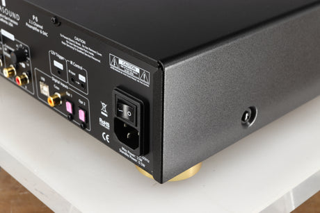 Rear left corner of a used Parasound Halo P6 Pre Amplifier in a black finish