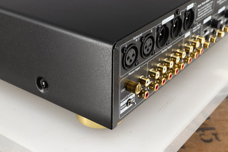 Rear right corner of a used Parasound Halo P6 Pre Amplifier in a black finish
