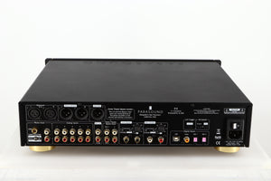 Rear view of a used Parasound Halo P6 Pre Amplifier in a black finish showing Mains Input, Phono Inputs and Outputs and Optical Inputs