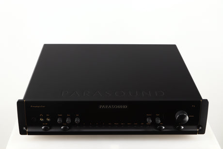 Top of a used Parasound Halo P6 Pre Amplifier in a black finish