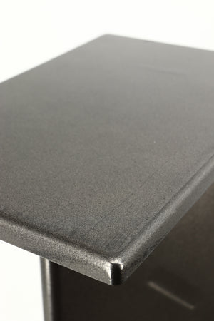 Close up of a used Partington Dreadnought Ultima 60cm Speaker Stand in a black mirror finish showing scratching on top