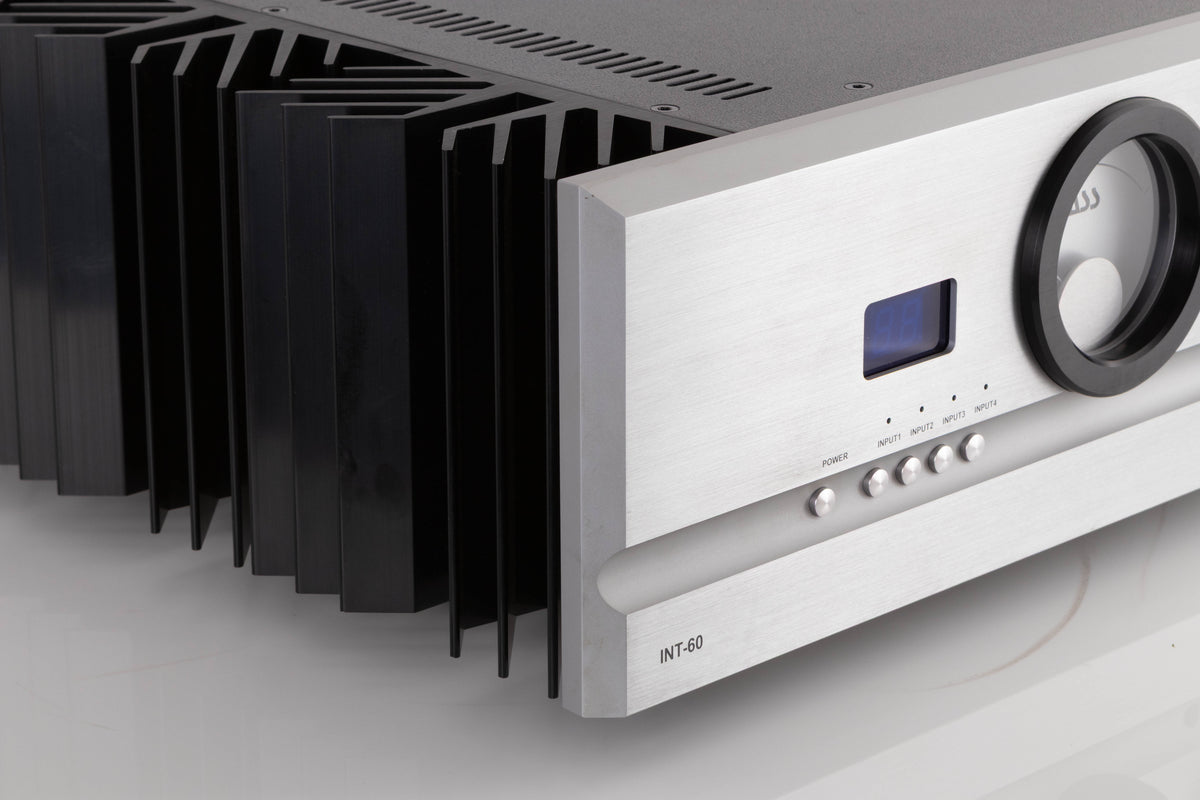 Front left corner view of a used PASS Labs INT-60 Integrated Amplifier in Silver