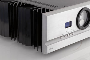 Front left corner view of a used PASS Labs INT-60 Integrated Amplifier in Silver