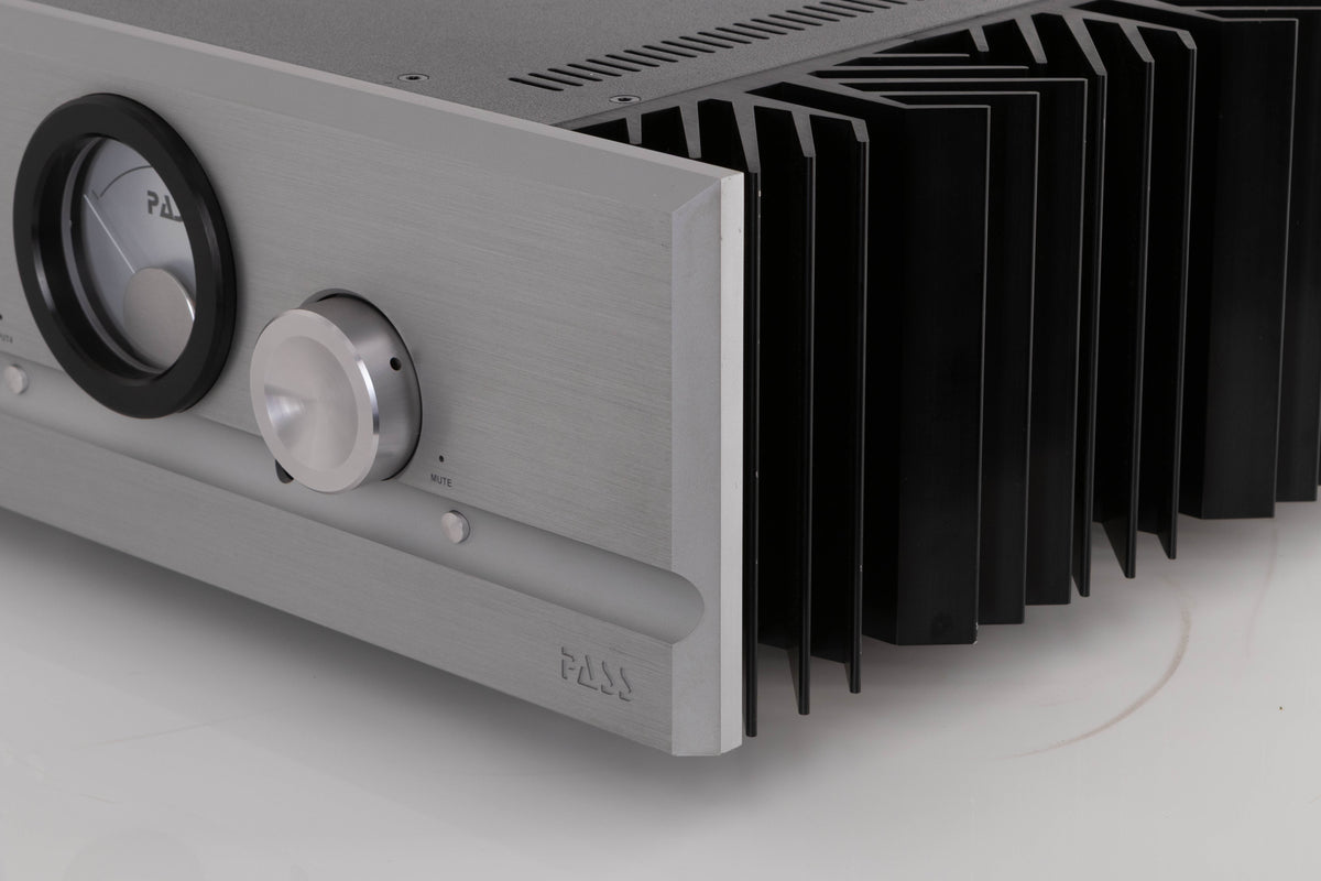 Front right corner view of a used PASS Labs INT-60 Integrated Amplifier in Silver