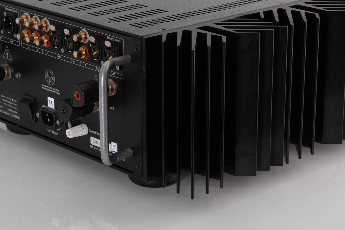Rear right corner view of a used PASS Labs INT-60 Integrated Amplifier in Silver