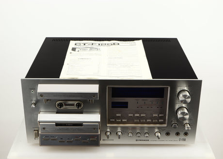 Top of a used Pioneer CT-F1250 Cassette Deck in a silver finish showing Manual
