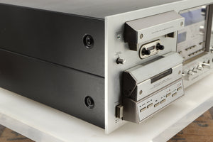 Front left corner of a used Pioneer CT-F1250 Cassette Deck in a silver finish