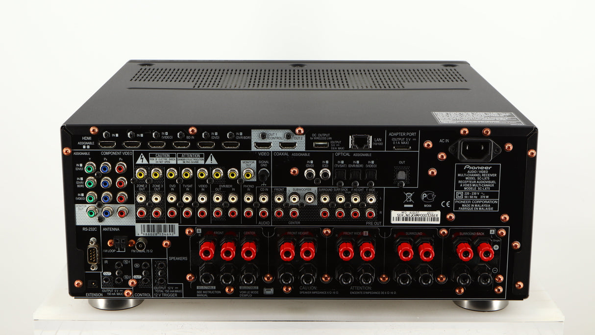 Rear view of a used Pioneer SC-LX75 AV Receiver in a black finish showing Phono Outputs Phono Inputs, Mains Input, Network Input, HDMI Inputs, HDMI Outputs, Optical Inputs, Optical Output and USB Input