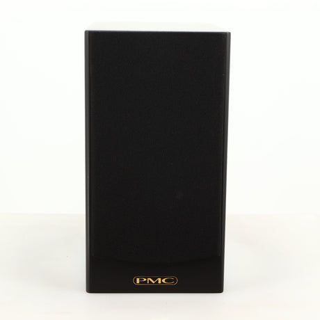 Front view of a used PMC DB1 Gold Standmount Speaker in a black finish showing Grille