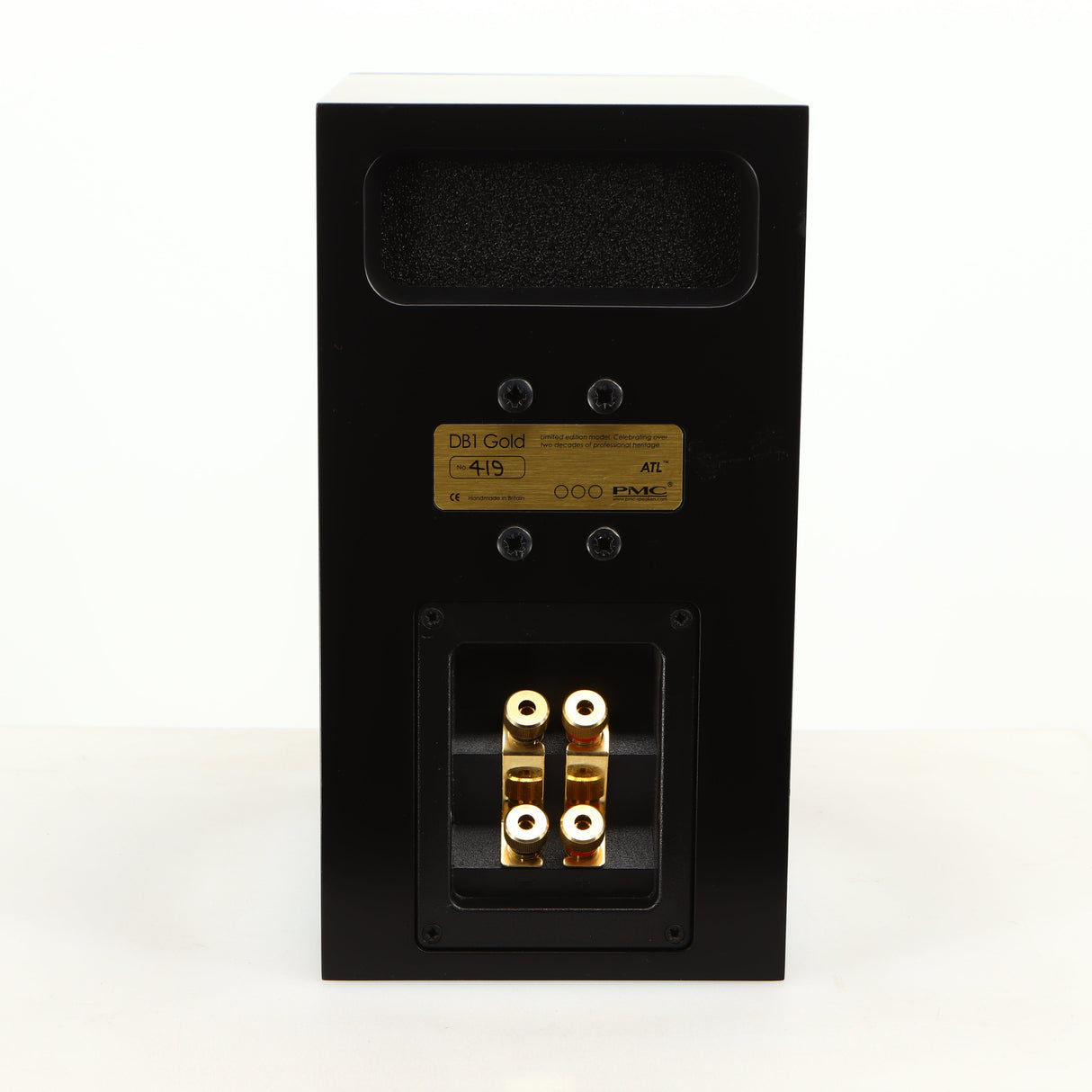 Rear view of a used PMC DB1 Gold Standmount Speaker in a black finish