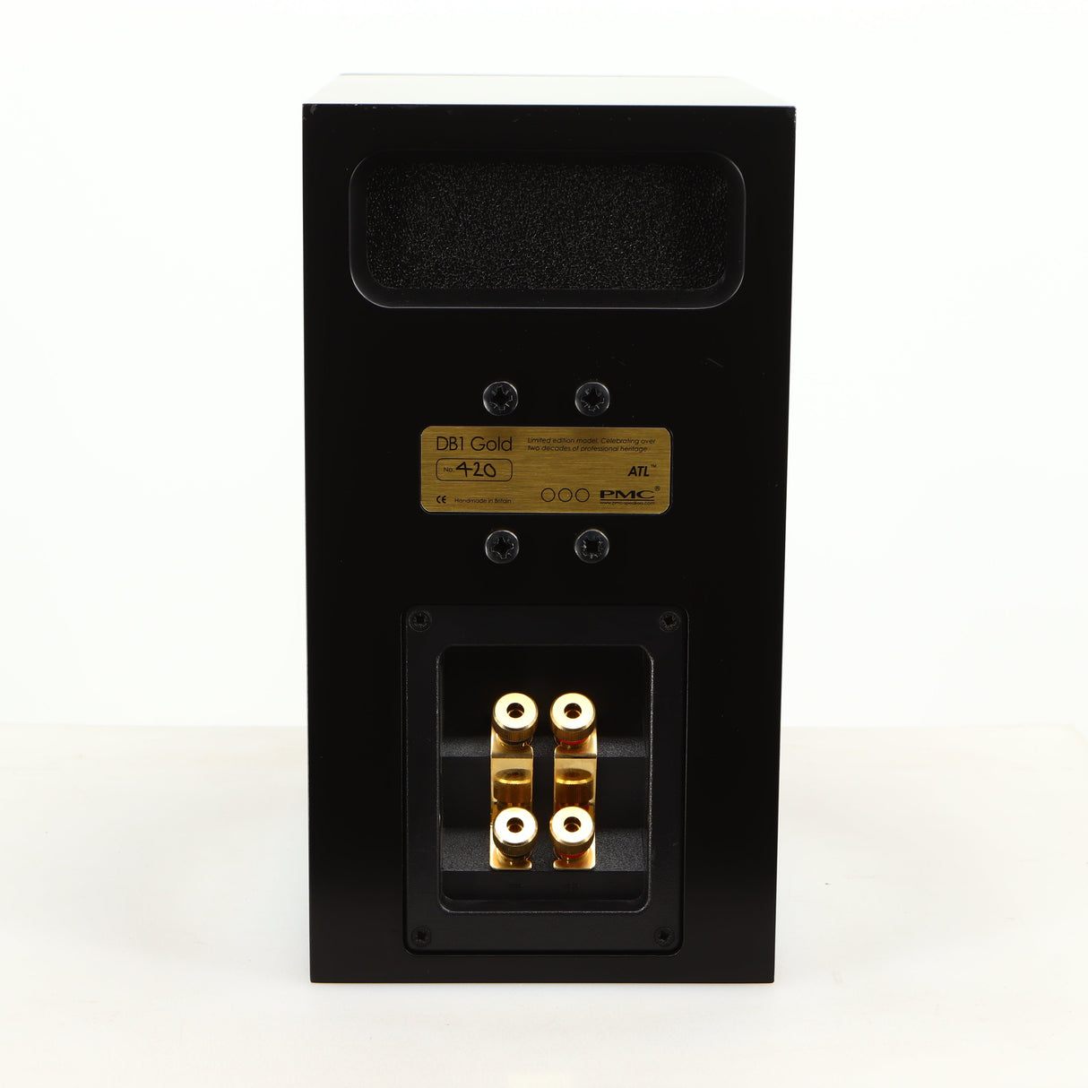 Rear view of a used PMC DB1 Gold Standmount Speaker in a black finish