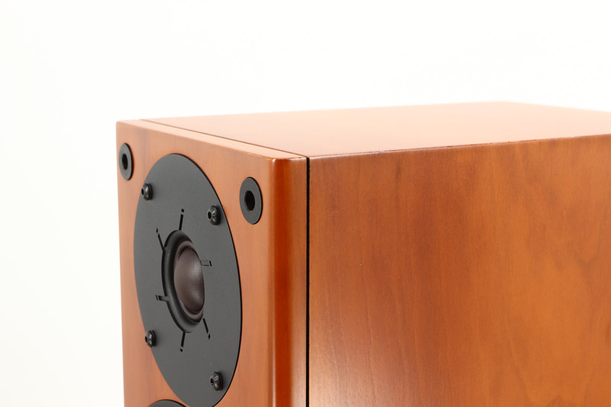 Close up of a used PMC DB1i Standmount Speaker in a cherry finish showing rough edge on right side