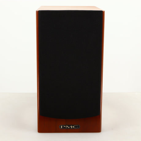 Front view of a used PMC DB1i Standmount Speaker in a cherry finish showing Grille