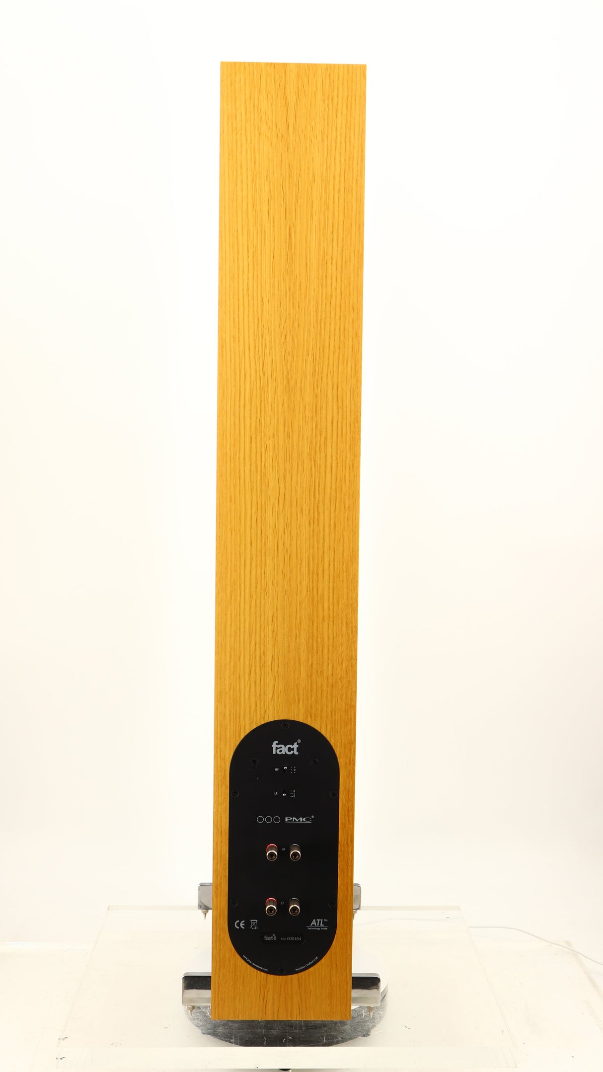 Rear view of a used PMC FACT 8 Floorstanding Speakers in a light oak finish