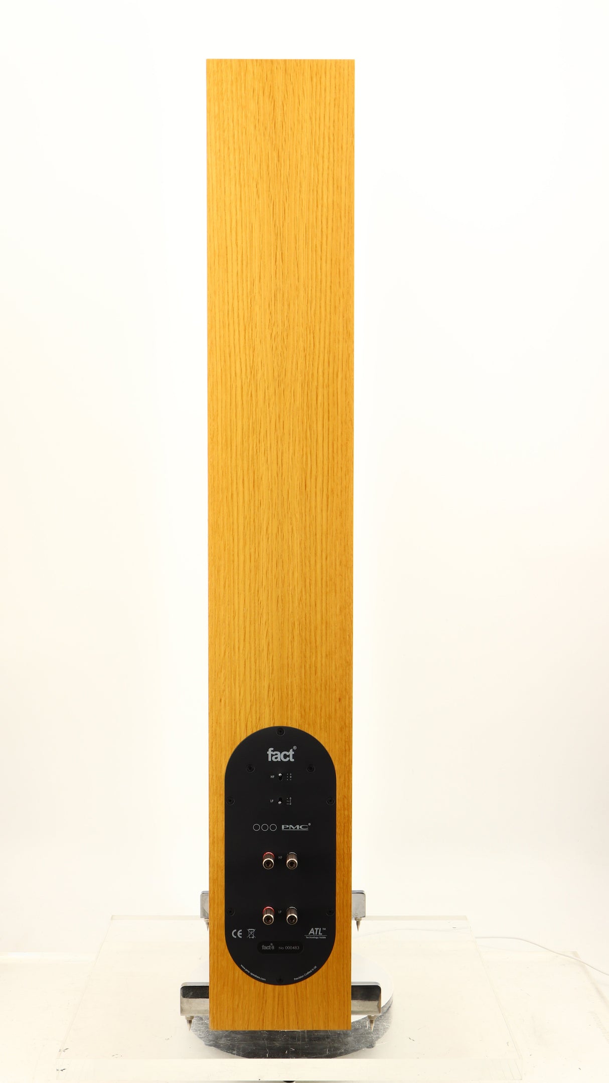 Rear view of a used PMC FACT 8 Floorstanding Speakers in a light oak finish