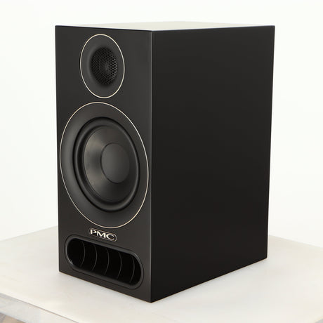 Front right corner of a used PMC Prodigy 1 Standmount Speaker in a black finish